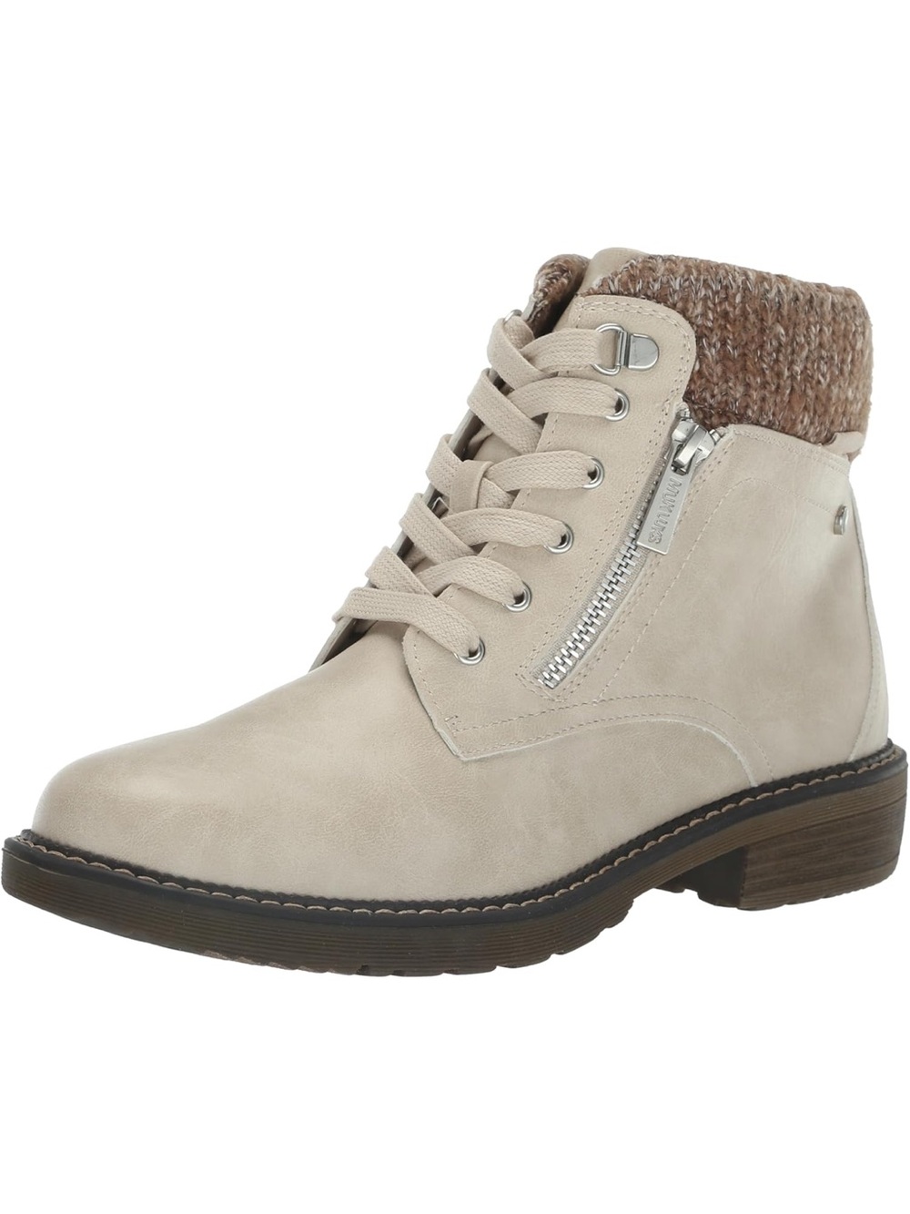 Womens Lace-Up Ankle Boot with Knit Collar - Beige